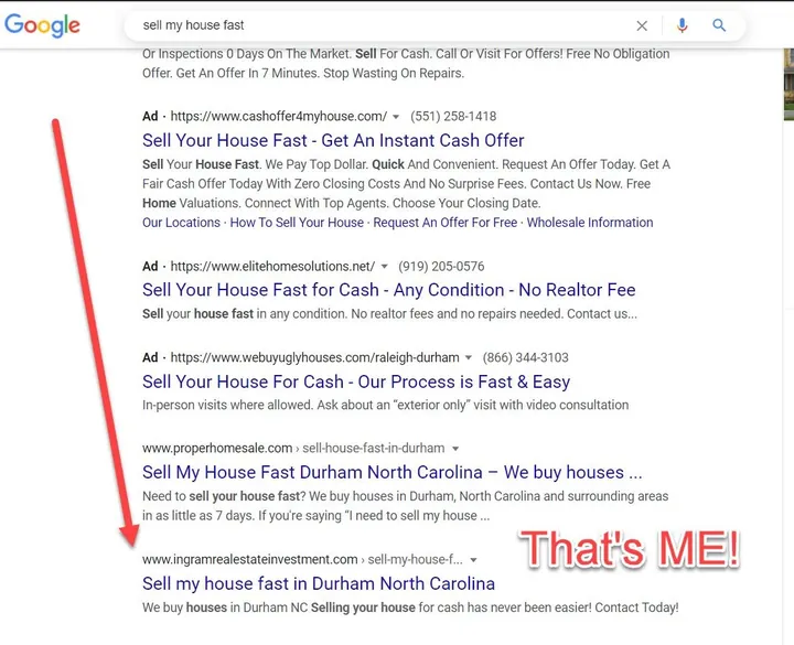 His rankings dashboard for “we buy houses in utah”: Current Google Ranking ▲#1, the line climbing from position 42 and flattening at 1.