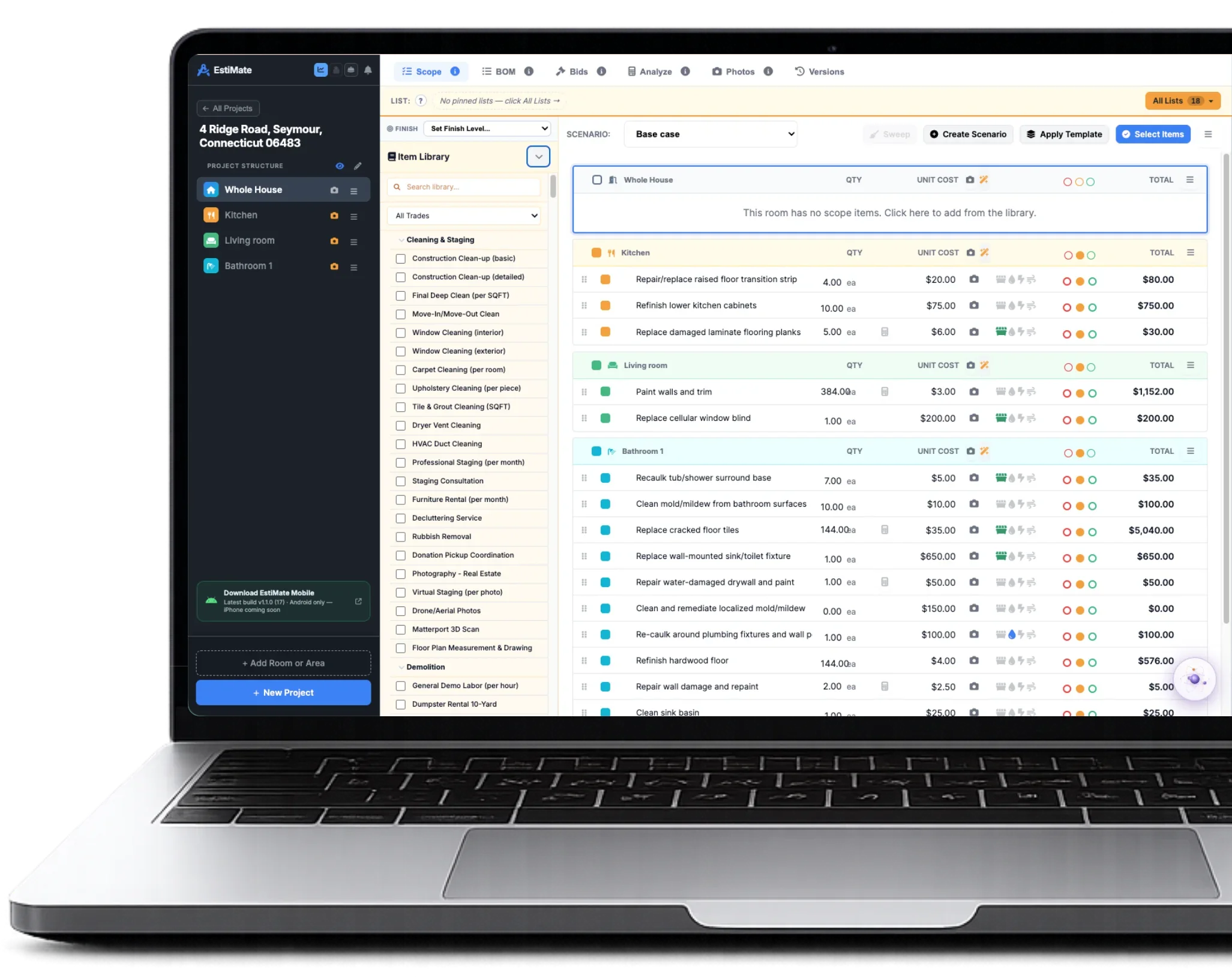 EstiMate on a laptop: the full estimate, every line priced and editable