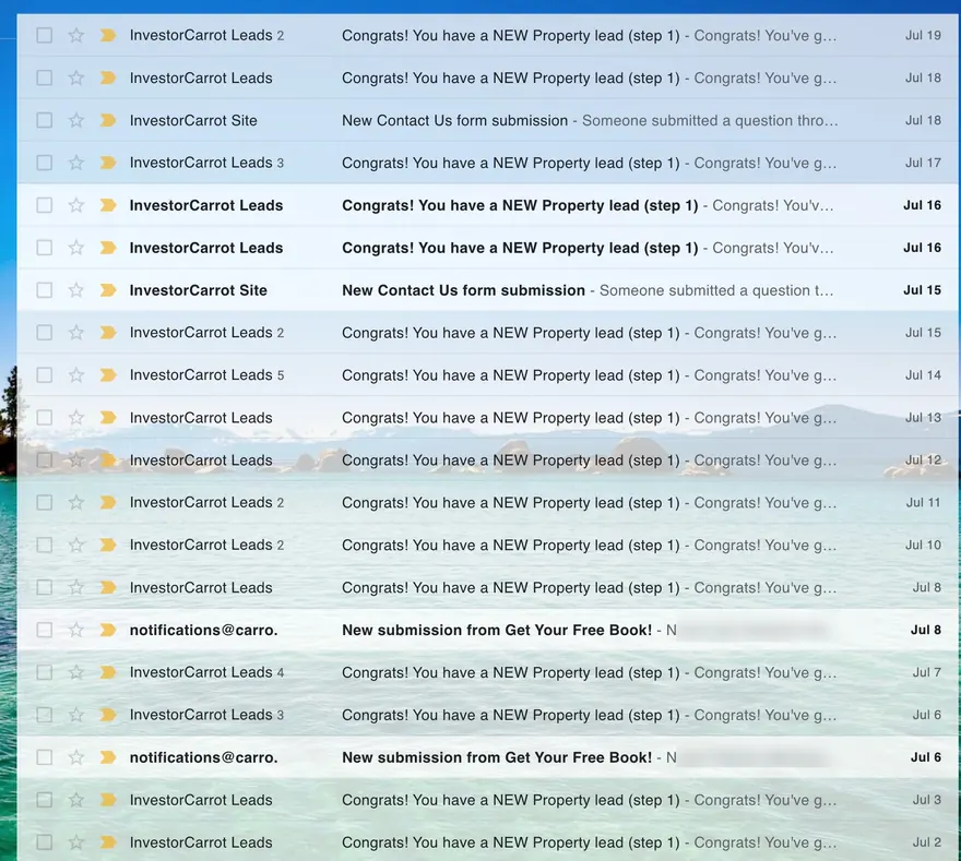 Her inbox through July: row after row of &ldquo;Congrats! You have a NEW Property lead&rdquo; from InvestorCarrot, several days carrying two, three or five at once, running from the 2nd to the 19th.