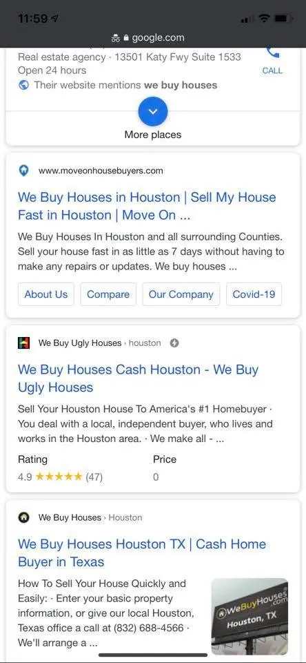 Google on a phone for “we buy houses” in Houston, his site above We Buy Ugly Houses and We Buy Houses.