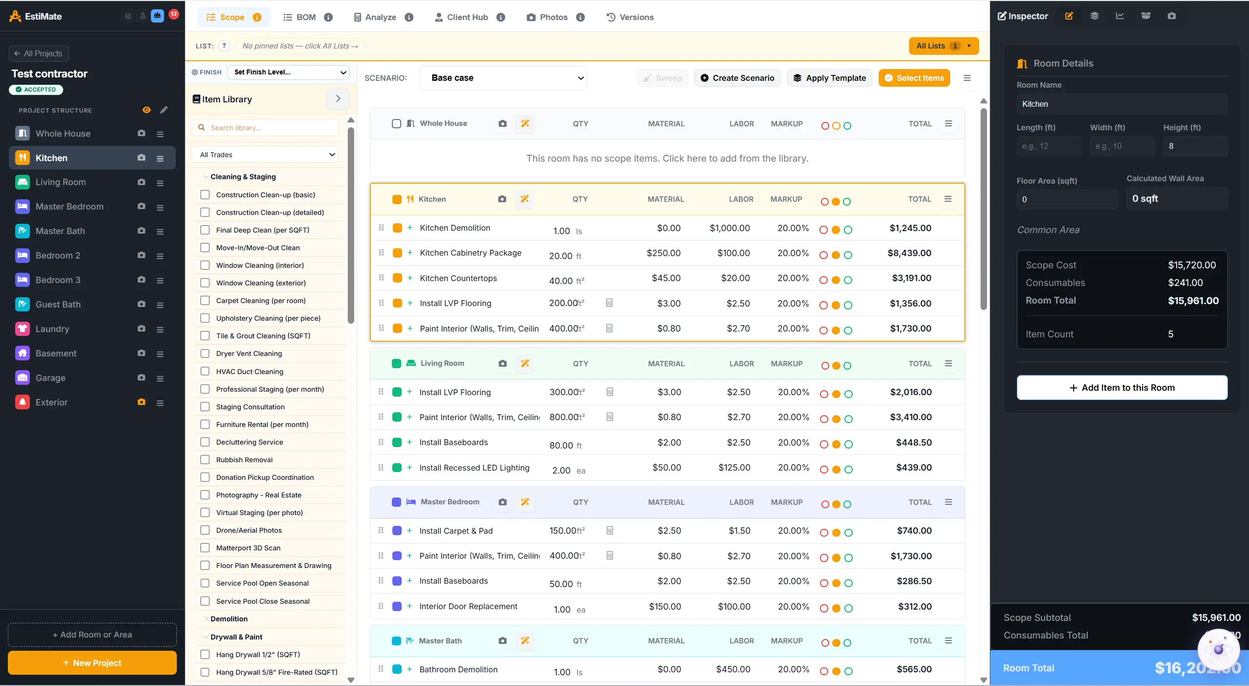 EstiMate contractor scope editor — every line item split into material cost, labor cost and markup percentage