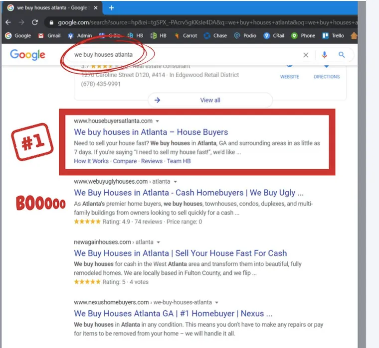 Google results for &ldquo;we buy houses atlanta&rdquo;, his site boxed in red and marked #1, with We Buy Ugly Houses beneath it marked BOOooo