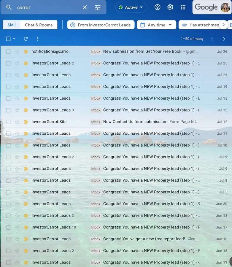 Her mail search for &ldquo;carrot&rdquo;, filtered to InvestorCarrot Leads: 1&ndash;50 of many, screen after screen of &ldquo;Congrats! You have a NEW Property lead&rdquo; running back from late July to mid June.