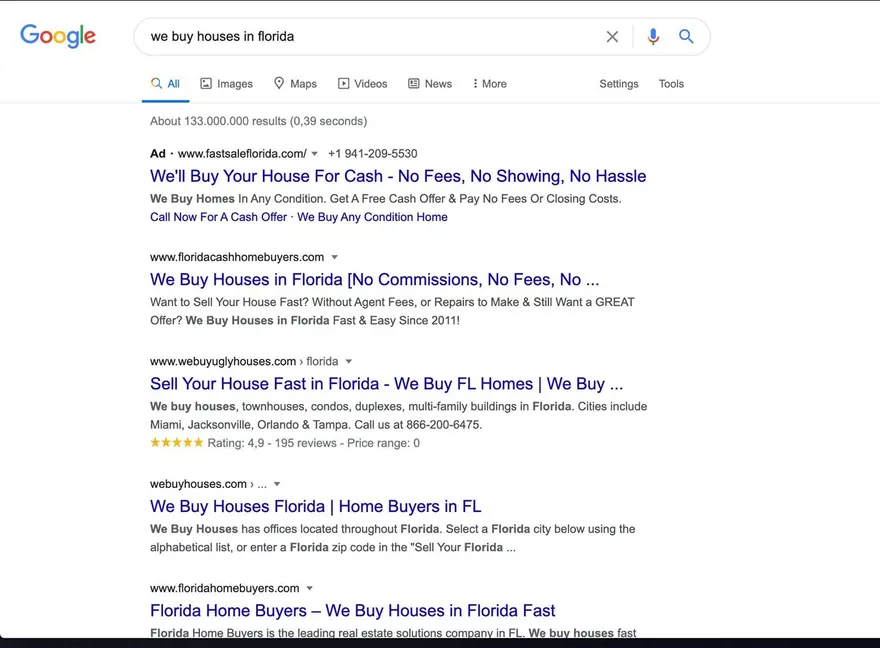 Google results for &ldquo;we buy houses in florida&rdquo;. Below a single paid ad, the first organic listing is his own company, floridacashhomebuyers.com, above We Buy Ugly Houses and webuyhouses.com.