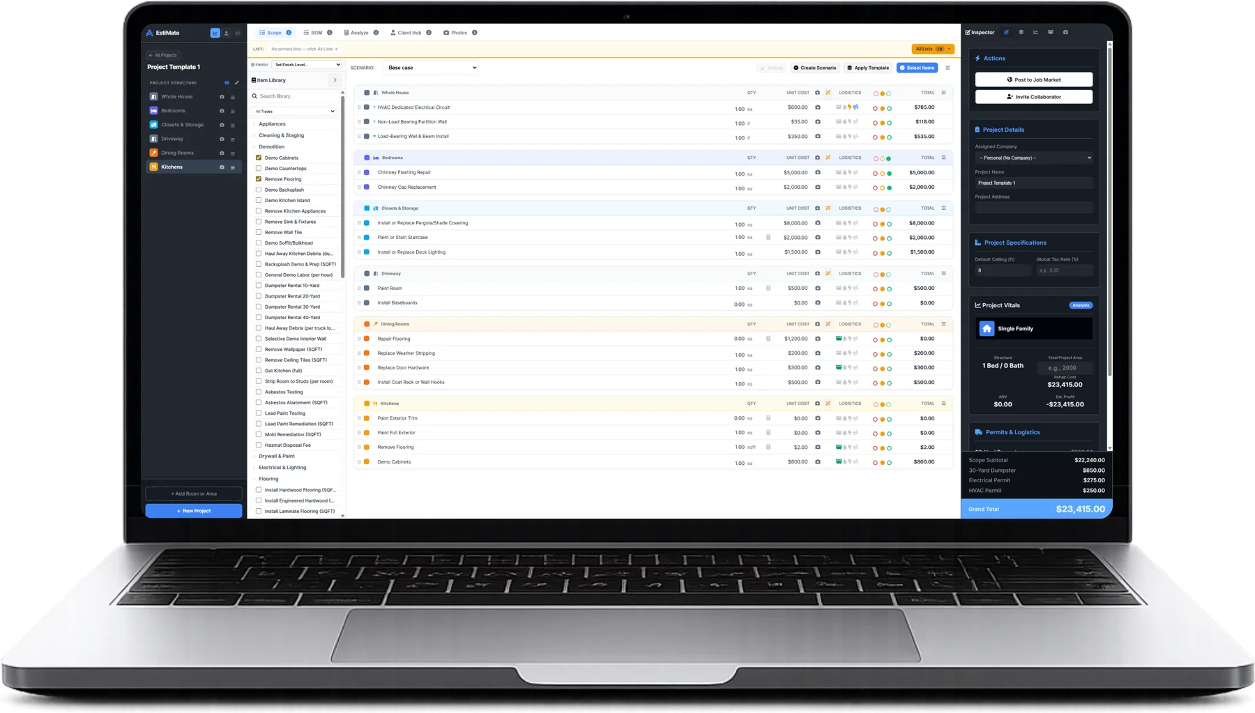 EstiMate on a laptop: the full estimate, every line priced