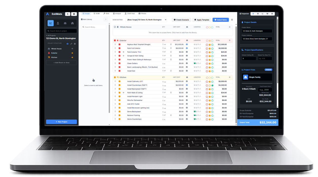 EstiMate desktop — full scope, scenario engine, contractor broadcast