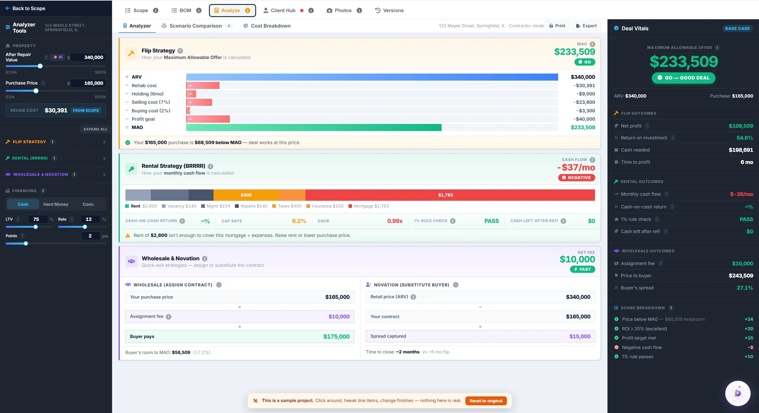 The MAO calculator — rehab total, holding costs and profit goal resolved into a maximum allowable offer