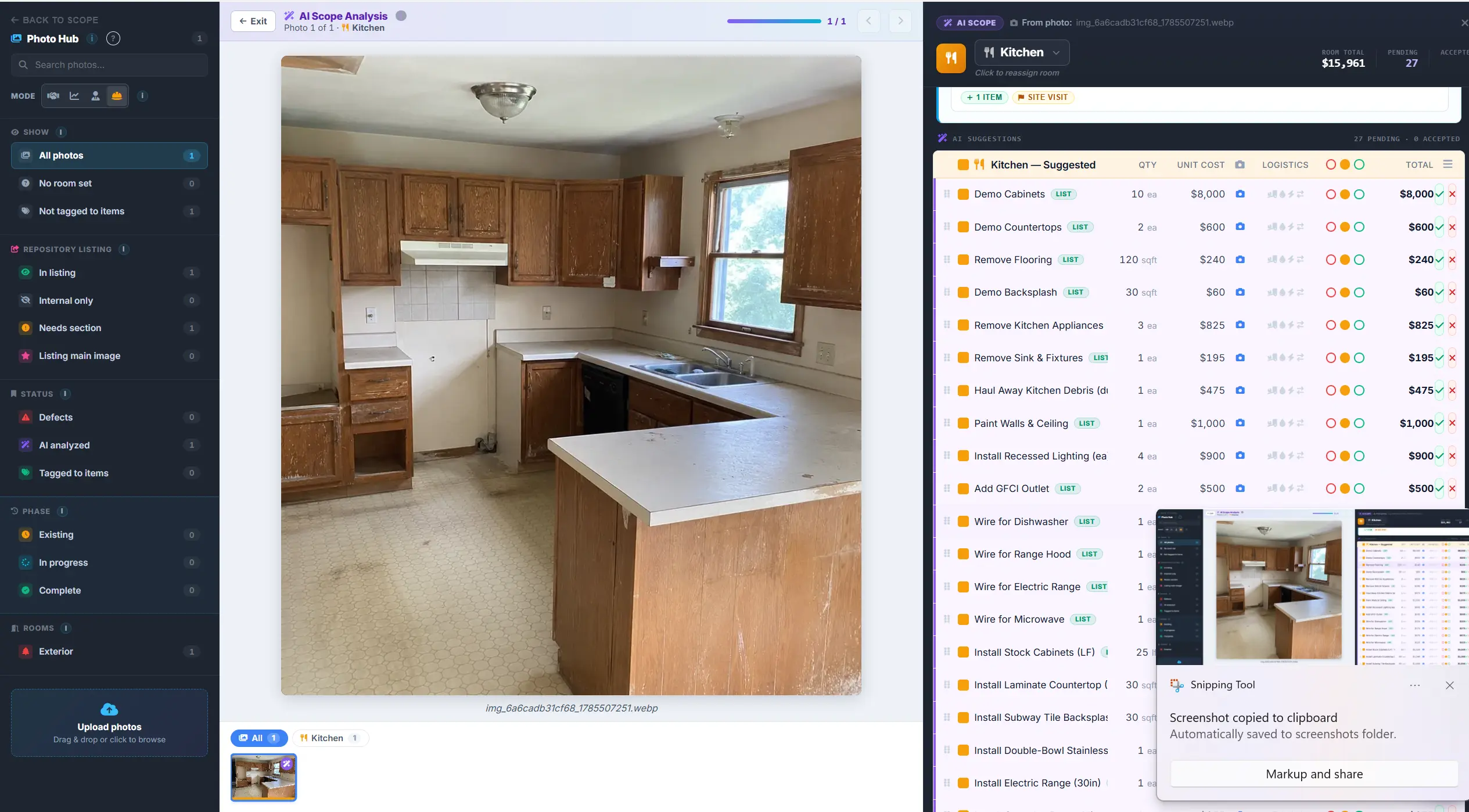 A kitchen walkthrough photo turned into a priced, itemized repair scope by EstiMate's AI